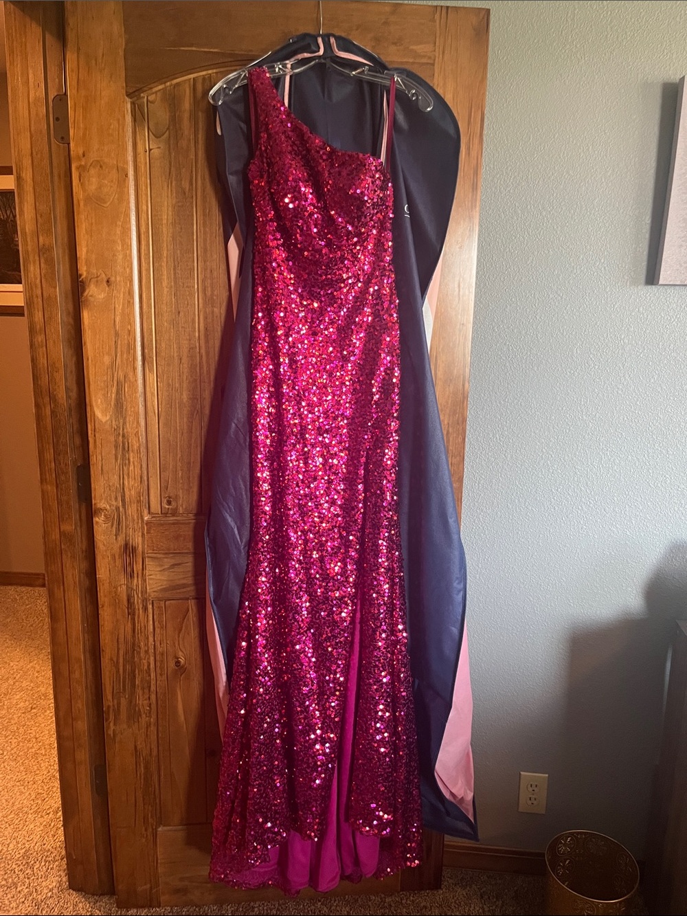 One-Shoulder Sequin Evening Gown in Hot Pink